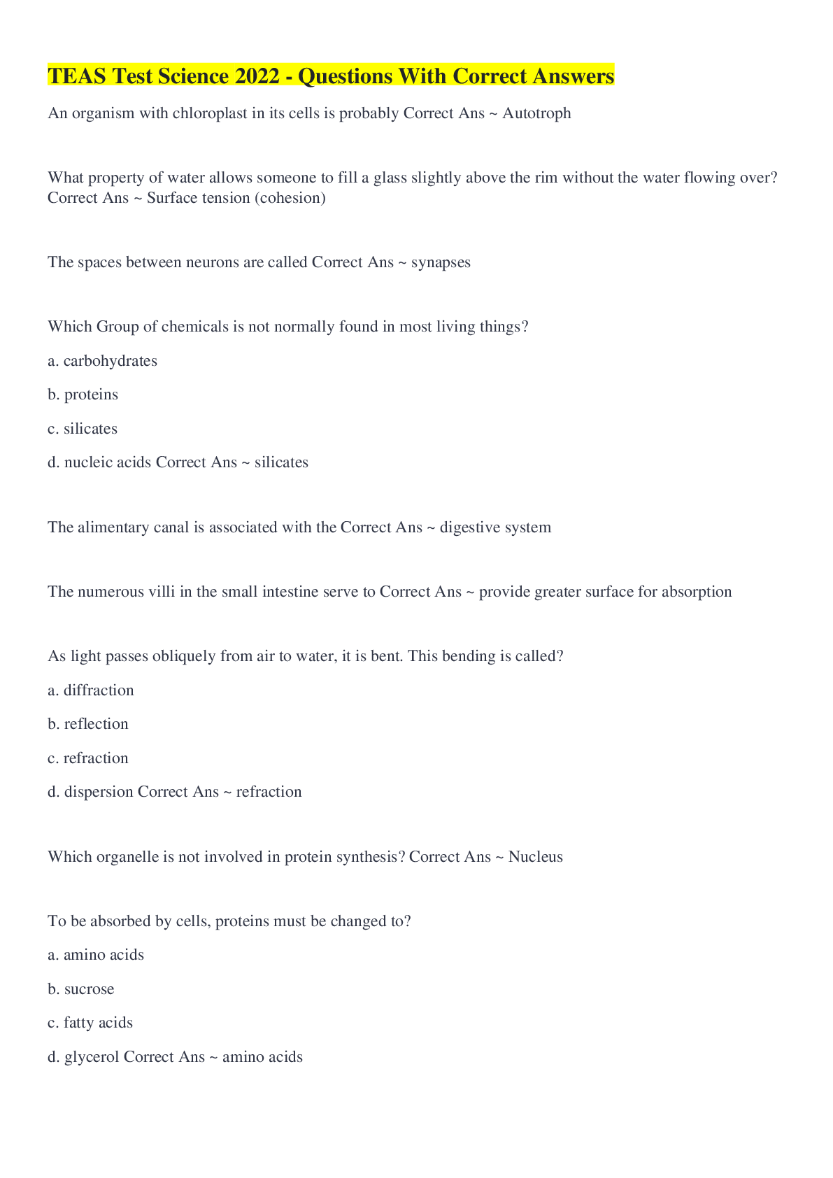 Preview of TEAS Test Science 2022  - Questions With Correct Answers